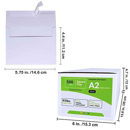 500 Pcs Bulk A2 Invitation Envelopes in White Peel & Press Self Seal 4 3/8 x 5 3/4 Square Flap Envelopes RSVP Return Envelopes 95lb. for Announcement Mailing 4x5 Greeting Cards Photo 1/4 Fold Cards