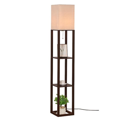 HomeFocus - Floor Lamp with Shelves, Shelf Floor Light with LED Bulb, Modern Wood Shelf Standing Lamp, Corner Display Floor Lamp for Living Room, Bedroom, Office, Linen White Shade, Wood, Brown.