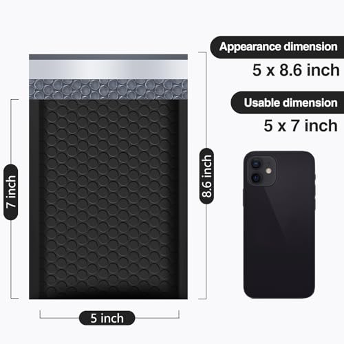 UCGOU Bubble Mailers 5x8.6 Inch Usable Size 5x7 Inch Black 50 Pack Padded Envelopes Small Business Mailing Packages Self Seal Adhesive Waterproof Boutique Shipping Bags for Jewelry Makeup Supplies