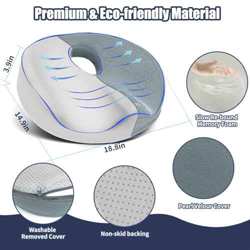SAHEYER Donut Pillow for Tailbone Pain Relief and Hemorrhoids, Memory Foam Donut Cushion for Sciatica Nerve, Seat Cushion Butt Pillow for Men Women at Home Office Chair Car Long Sitting Comfort, Gray