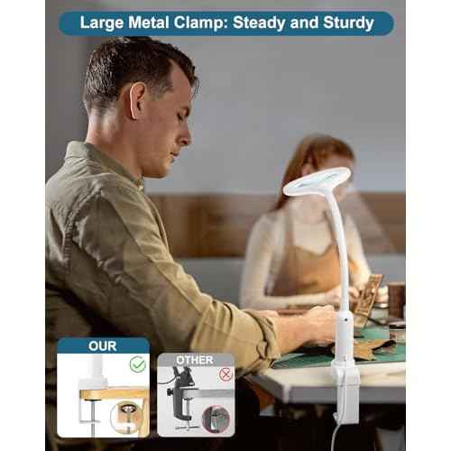 10X Magnifying Glass with Light and Stand, LED 5 Color Modes, Brightness Stepless Dimming Lighted Magnifier Hands Free, Flexible Gooseneck Desk Lamp with Clamp for Close Works, Crafts, Hobby - White
