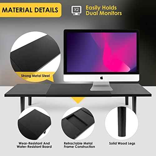 Dual-Monitor-Stand-Riser-For-Desk Adjustable Length 32-40 Inch£¬Large Desktop Computer Monitor Riser For 2 Screens£¬Desk Shelf Organizer Riser Stand For Computer/Laptop/PC/Printer/TV Black