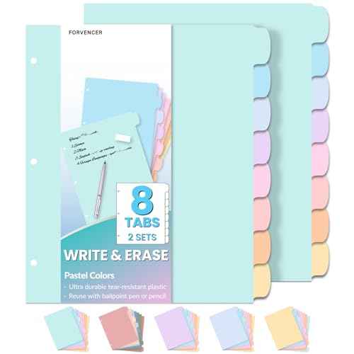 Forvencer 8-Tab Binder Dividers with Tabs, Big Tabs, Write&Erase Plastic Dividers for 3 Ring Binder, Binder Tabs for Organizers, 3 Ring Binder Dividers with Tabs for School Office (Pastels, 2 Set)
