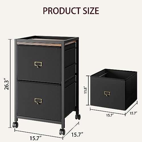 IDEALHOUSE 2 Drawer File Cabinet, Mobile Filing Cabinet for Home Office Fits A4 or Letter Size, Fabric Vertical File Cabinet with Wheels, Home Office Small Under Desk Storage Cabinet, Rustic Black