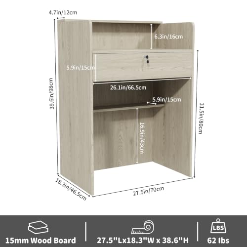 Oak Reception Desk with Lockable Drawer, 15.8x27x37.8in - Modern Front Counter