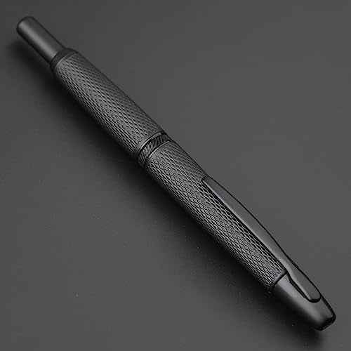 Majohn A1 Retractable Fountain Pen Extra Fine Nib with Box, Black Grid Press Pen with Converter for Writing (With Clip Version)