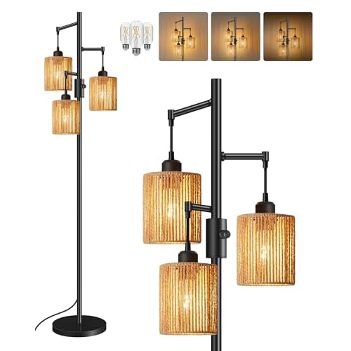 Dimmable Floor Lamp, Farmhouse Tall Standing 70.3" Tree Lamp with 3 Rope Woven Lampshades, Boho Rattan Floor Lights, 4W 3 LED Bulbs Included, for Living Room, Bedroom, Study, Office AB03LD05