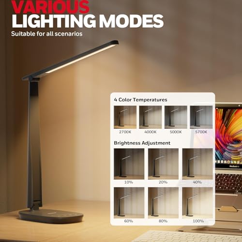 Honeywell HWT-H2 LED Desk Lamp Black, Eye-Caring Full Spectrum, USB Charging