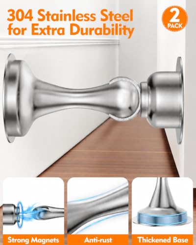 WINONLY Silver Magnetic Door Stopper 2-Pack - Keep Doors Open & Protect Walls