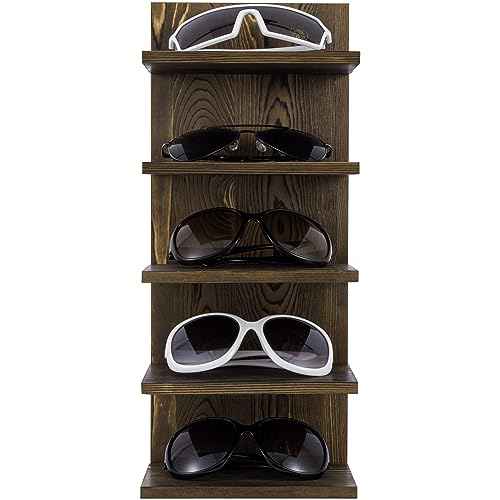 MyGift 5 Tier Rustic Burnt Solid Wood Sunglasses Holder Rack, Wall Mounted Eye Glasses Shelf or Tabletop Display Stand, Retail Eyewear Showcase Storage Organizer