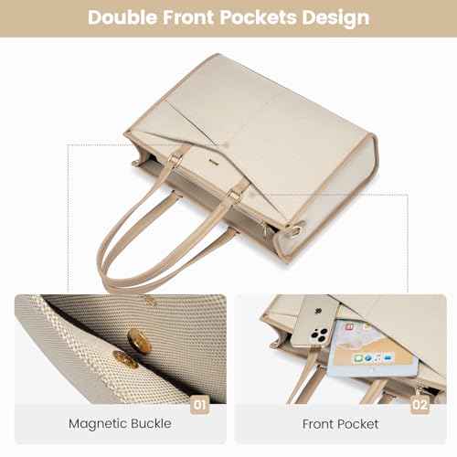 LOVEVOOK Laptop Bag for Women, 15.6 inch Laptop Tote Work Teacher Bags Cancas Computer Shoulder Bag,Canvas/Apricot Beige