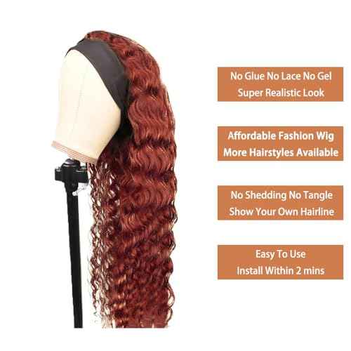 32 Inch #33 Reddish Brown Headband Wig Human Hair 150% Density Grade 8A Unprocessed Brazilian Virgin Hairs Machine Made Auburn Brown Water Wave Headband Wig Human Hair None Lace Front Wig