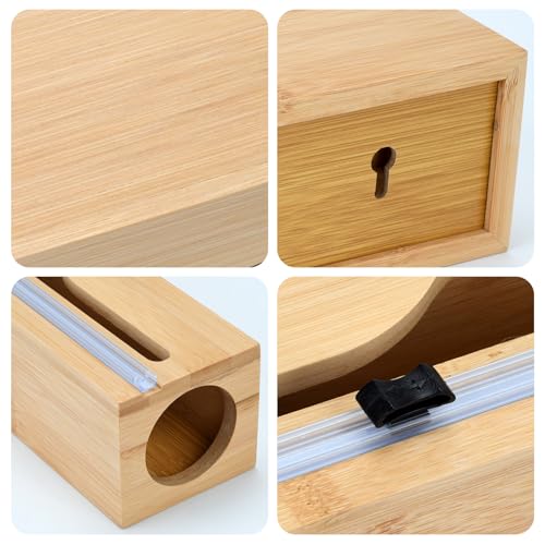 Bamboo Plastic Wrap Dispenser with Cutter, Slide Cling Holder for 12
