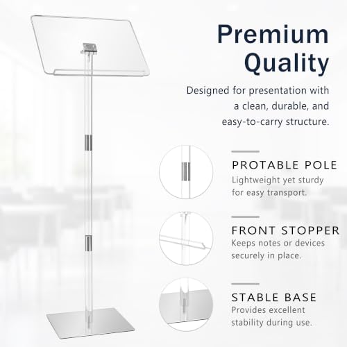 Koretech Clear Acrylic Podium Stand with Metal Base, Adjustable Angles 15x11 in, 52 in tall for Church, Weddings, Classroom