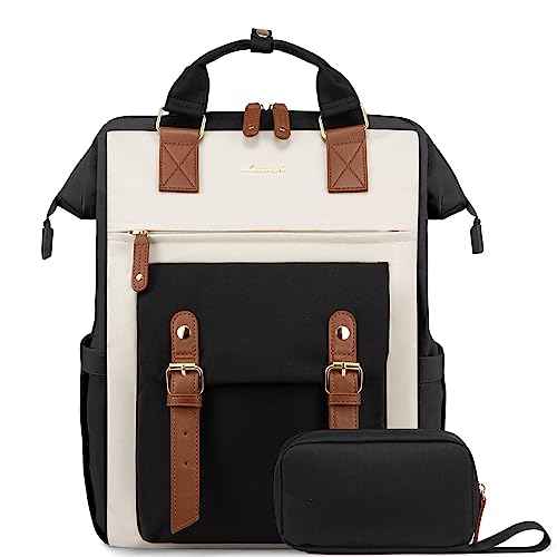 LOVEVOOK Laptop Backpack For Women Work Travel Backpack Purse, Nurse Bag College Backpack, Teacher Business Laptop Bag, Waterproof Wide Open Computer Back pack, 15.6 Inch, Black-Beige-Brown