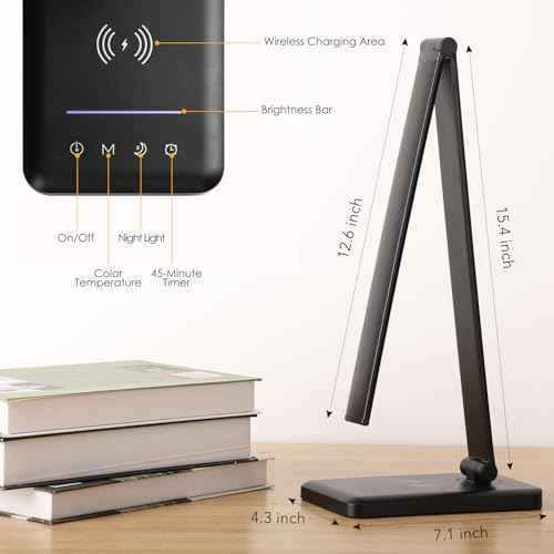 LED Desk Lamp with Wireless Charger, USB Charging Port, Night Light, 5 Color Modes, 10 Brightness, Eye Caring Reading Table Lamp for Home Office, Touch Control, Auto-Timer, Adapter Included