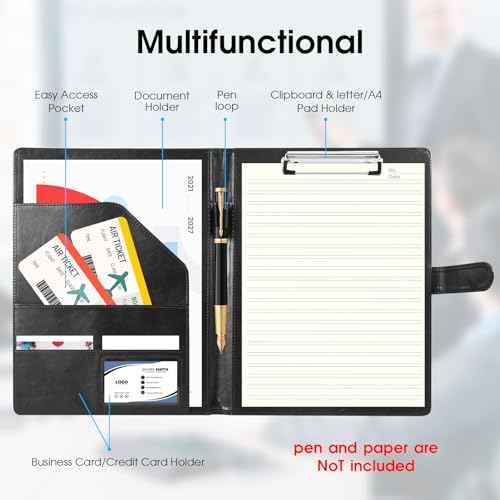 Professional Portfolio Binder with Clipboard, Faux Leather Padfolio Organizer for Resume, Interview Business Conference, Legal Pad Holder for A4 Letter Size Notepad with Multi-Pocket Storage (Black)