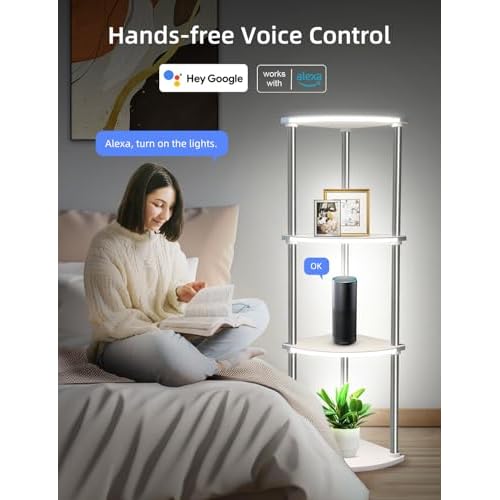 4 Tier Floor Lamp with Shelves, Modern Dimmable Standing Lamp with APP Control, Shelf Floor lamp with Music Sync, Corner Display Bookshelf Lamp for Living Room, White