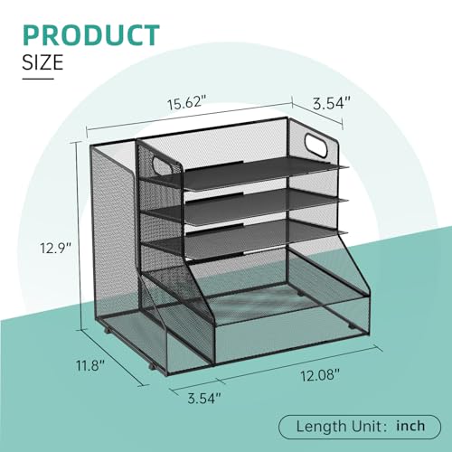 SUPEASY Desk Organizer with File Holder, 5-Tier Mesh Paper Letter Tray with Magazine Holder, Desktop Organizer and Storage for Desk Accessories Office Supplies, Black