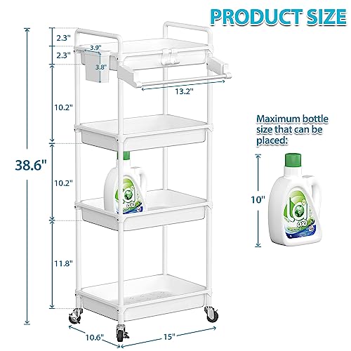 SPACEKEEPER Rolling Storage Cart, 4-Tier Bathroom Organizer Utility Cart Laundry Room Organization Mobile Shelving Unit with Towel Rack, Lockable Wheel, Hooks & Cup for Kitchen Bedroom Office, White