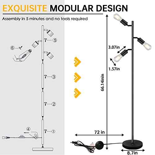 Industrial Standing Lamp with 3 Adjustable Rotating Lights - Tree Floor Lamp for Living Room, Bedroom, Home, Office (E26 Edison Bulb, Black)