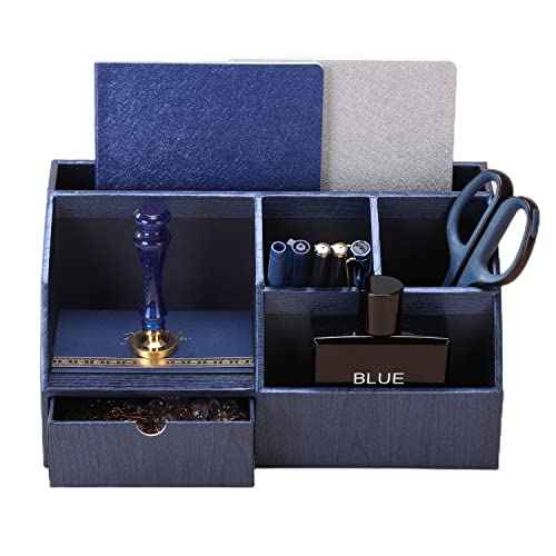 Wood-like Desktop Organizer and Holder For Pen, Pencil, Letters, Small Office Supplies and Stationary Accessories Storage Organization. Use for Dorm, College & School.(Royal Blue)