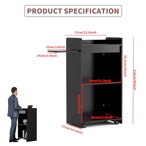 LayBurst 45in Wooden Podium with Lockable Wheels, Side Shelf, 15mm Particle Board – Black