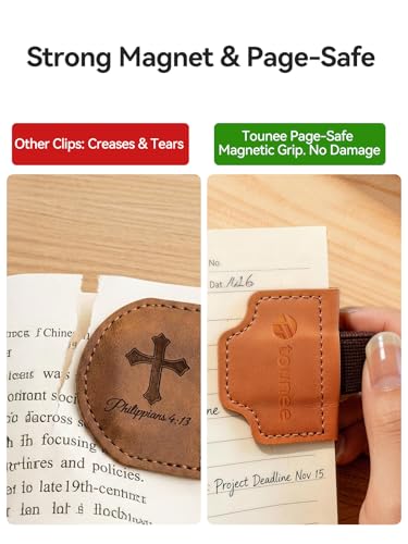 Tounee 4-Pack Magnetic Leather Bookmarks with Pen Loop - Slim Reading Page Markers for Bible, Journaling & Planners