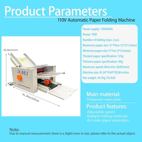 Electric Paper Folding Machine with Adjustable Speed and 2 Trays for Office & Print Shops