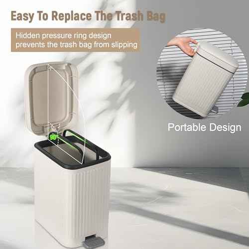 Small Bathroom Trash Can with Lid Slim Soft Close Garbage Can Step Wastebasket Container Trash Bin for Office Bedroom Kitchen Living Room (1.9 Gallon Cream)
