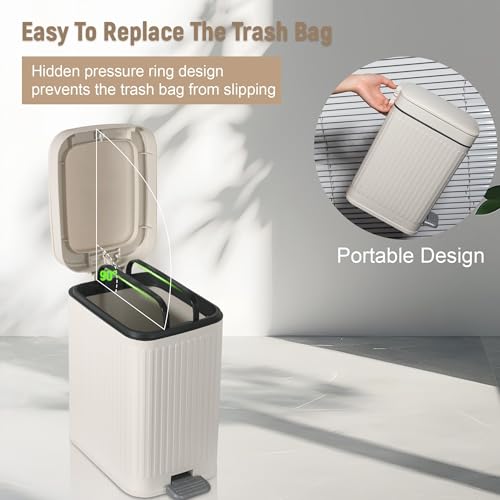 Rejomiik 1.9 Gallon Small Bathroom Trash Can with Lid, Soft Close Step, Cream