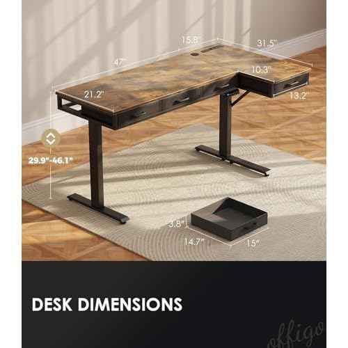 OffiGo 63 Inch L Shaped Electric Standing Desk with Drawers, Height Adjustable Large Desk with Power Outlets, Sit Stand Table, Writing Computer Desk for Home, Office, Workstation, Rustic Brown