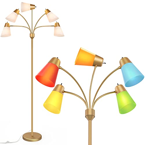 FOLKSMATE LED Floor Lamp, Medusa Multi Head Modern Tall Standing Lamps, Adjustable Corner Reading Floor Light for Living Room, Bedroom, Kids Room, White and Colored Lampshades, Brass Gold