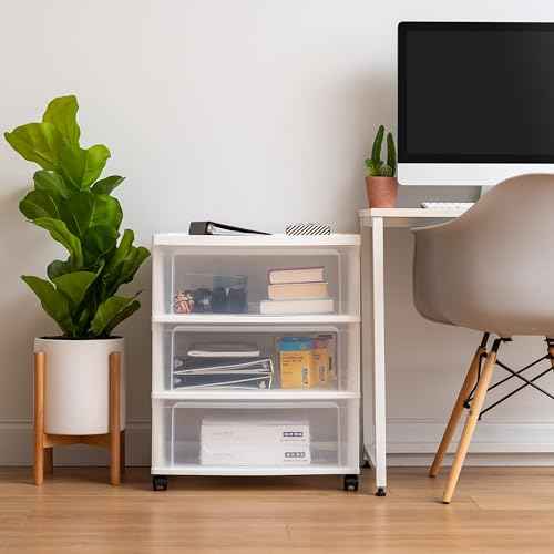 IRIS USA Plastic Drawer Storage Organizer Rolling Cart, with Wheels Casters, 3-Drawers, for Art Craft Supplies Bathroom Dorm Bedroom Laundry Room, Wide, White