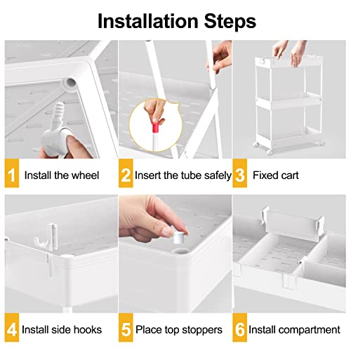 SPACELEAD White 3-Tier Rolling Cart with Wheels & Adjustable Shelves - Storage Organizer for Office, Bathroom & Kitchen