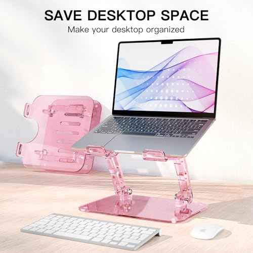 Pink Acrylic Adjustable Laptop Stand,Adjustable Height Foldable Laptop Riser for Desk, Clear Portable Laptop Holder Ergonomic Computer Stand,Compatible with 10-17.3¡± Laptops (Pink)
