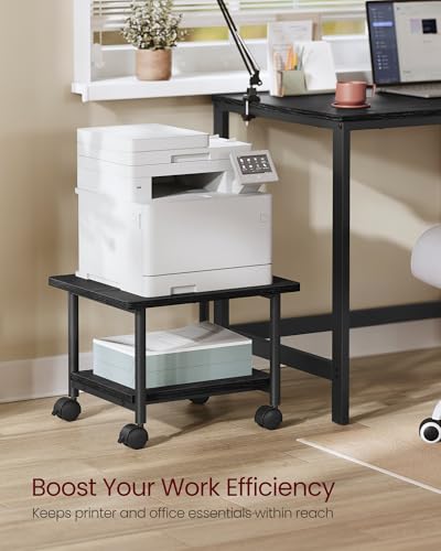 VASAGLE Ebony Black 2-Tier Mobile Printer Stand with Locking Wheels, Under Desk Office Table