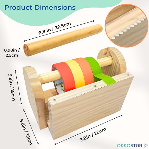 Wooden Kids Masking Tape Dispenser with Acrylic Serrated Cutter (OKKOSTAR) – Holds Multiple Rolls