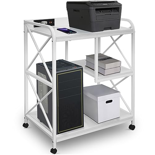 White Printer Stand, Printer Table with Storage Shelf for Home Office, 23 x 18 Inch Large Home Printer Stand with Power Outlet USB Port, Printer Cart, PC Tower Stand, White