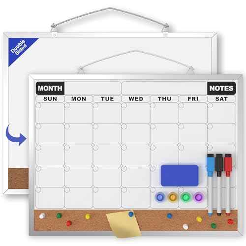 Monthly Calendar Dry Erase Board 16x12 Inch, Double-Sided Whiteboard and Corkboard Combo, Wall Mounted Planner Organizer with Markers, Magnets, Push Pins, Eraser, for Home Office School