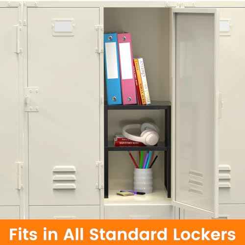 Locker Organizer Shelf School, Adjustable Width and Height, Stackable Metal Locker Storage Organization, Ideal Locker Fits Standard Size School, Office, and Gym Lockers, Black