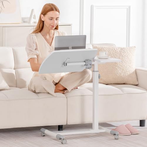 GTRACING Mobile Small Standing Desk, Tiltable Sit Stand Portable Rolling Laptop Desk with Lockable Wheels, Adjustable Height Overbed Bedside Table Computer Workstations, White