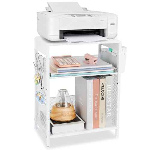 White Printer Stand with Storage Shelf, Small 3-Tier Height Adjustable Printer Table, Industrial Under Desk Printer Stand with Basket & 3 Hooks for Home Office Fax Machine Scanner Files