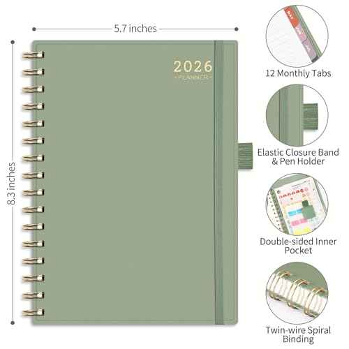 RETTACY 2026 Planner, Weekly and Monthly, Medium Size (5.7" x 8.3"), 2026 Calendar, Jan 2026 - Dec 2026, 12-Month Tabs, Flexible Plastic Cover, 100 GSM Thick Paper, Spiral-bound (Light Green)