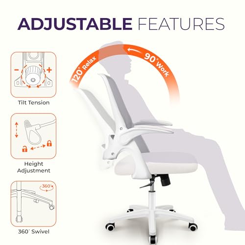 Neo Chair Ivory Mesh Office Desk Chair with Flip-Up Armrests, Ergonomic Support