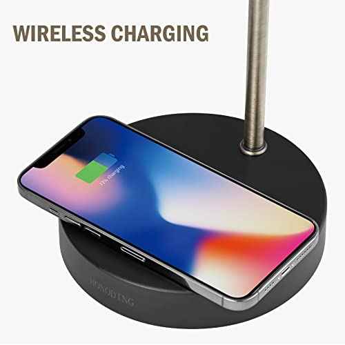 Black Table Lamp with Wireless Charger, Super Bright LED Desk Lamp for Dorm, Industrial Desk Lamps for Home Office, Study Room, Children' Room, 100% Metal
