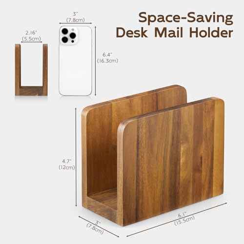 Acacia Wood Mail Organizer, Mail Holder for Desk, Letter Holder for Countertop, Small Envelope Holder, Desk Organizers and Accessories for Home Office
