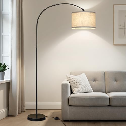 Seaside Village Black Arc Floor Lamp with Adjustable Drum Shade for Living Room & Bedroom