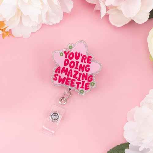 Cute and Funny Nurse Badge Reel, Retractable Nursing Social Worker Badge Reel Accessories, Pink Id Card Holder for Women Girl, You're Doing Amazing Sweetie, Nurse Gifts