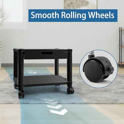 Under Desk Printer Stand with Wheels, Rolling Printer Cart with Lockable Wheels, 2-Tier Printer Table with Storage Drawer for Home&Office (Black)